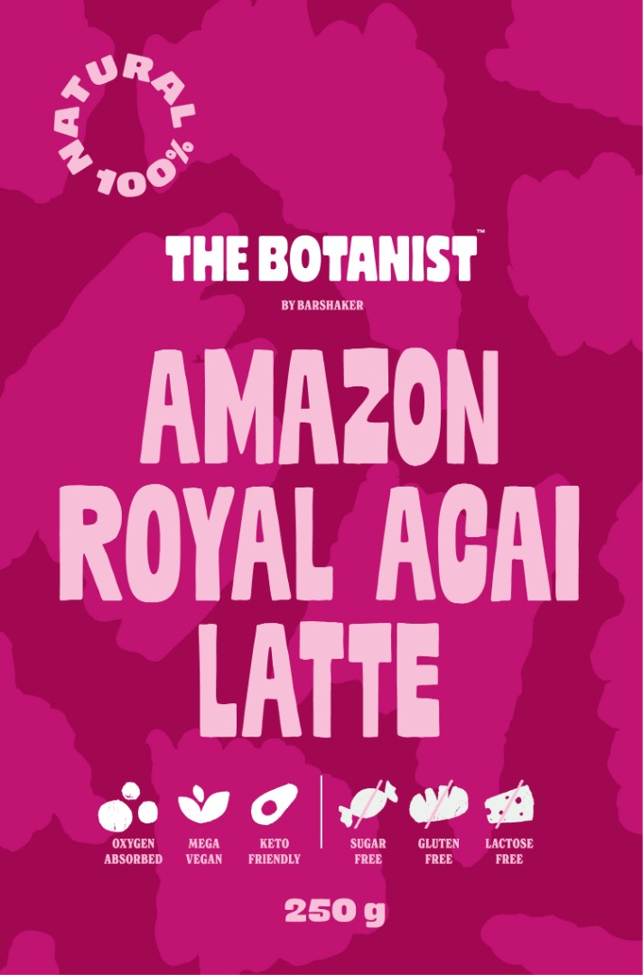 Amazon Royal Acai Latte por 250g The Botanist by Barshaker, lila színű bio fagyasztva szárított acai mix fagyasztva szárított málnával, cukormentes, vegán, keto, prémium