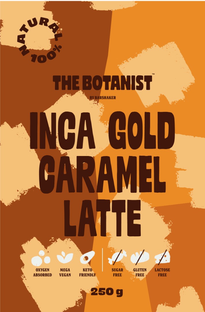Inca Gold Caramel Latte por 250g The Botanist by Barshaker, aranyszínű mix perui maca-val, lucumával és természetes karamellel, cukormentes, vegán, keto
