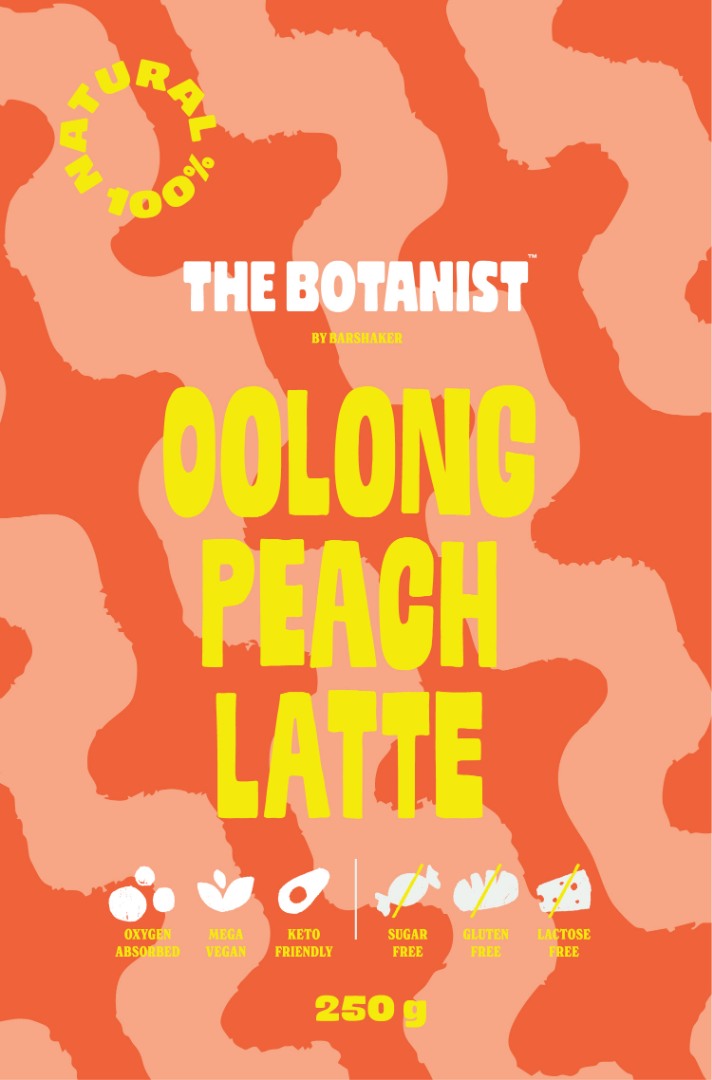 Oolong Peach Latte por 250g The Botanist by Barshaker, narancssárga krémes keverék oolong teával és liofilizált barackkal, cukormentes, vegán, keto